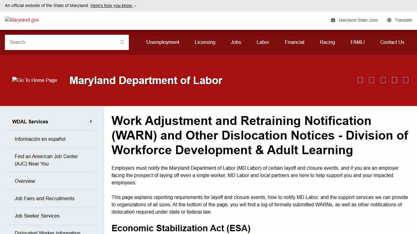 Work Adjustment and Retraining Notification (WARN) and Other Dislocation Notices - Division of Workforce Development and Adult Learning